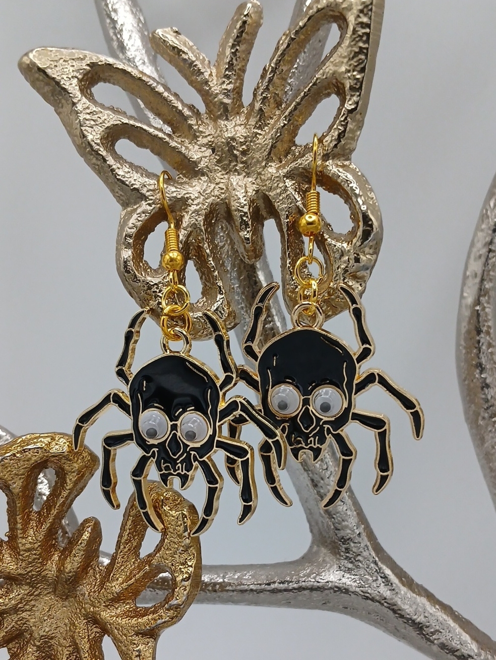 Gold and Black Spider Skull Drop Earrings
